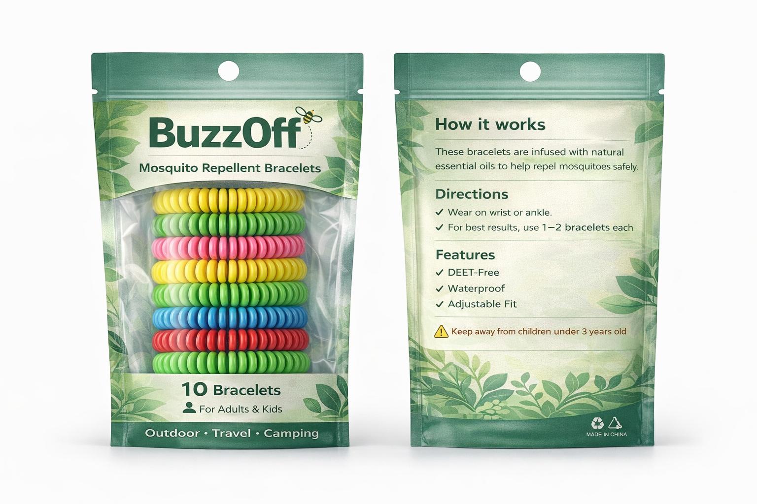 BuzzOff™ – Pack 10 Bracelets Répulsifs Anti-Moustiques